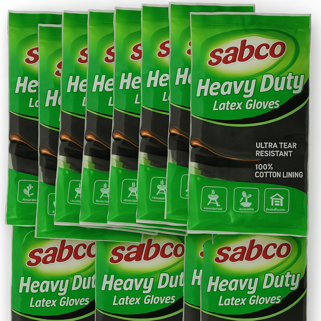 12 Pairs Sabco Heavy Duty Latex Gloves w/ Cotton Lining - Large Size